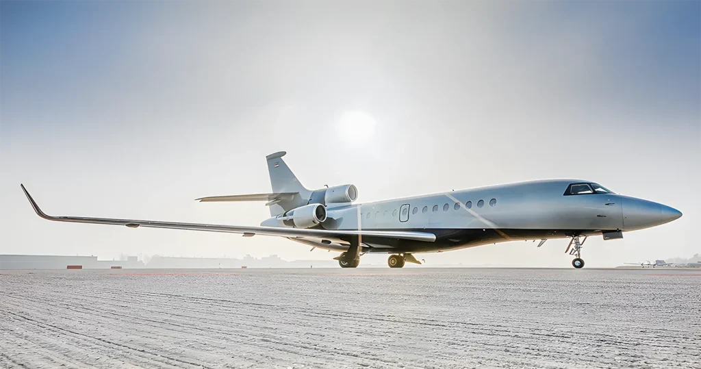 his image shows a Dassault Falcon 7X, a sleek, long-range business jet, parked on a runway. The shot captures the jet from the side at a low angle, highlighting its three-engine configuration and smooth, modern design, with the bright sky and sun creating a subtle glare in the background.